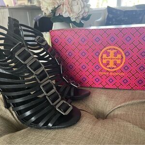TORY BURCH 🤍- Black leather gladiator high heel sandals - size 7 - EUC